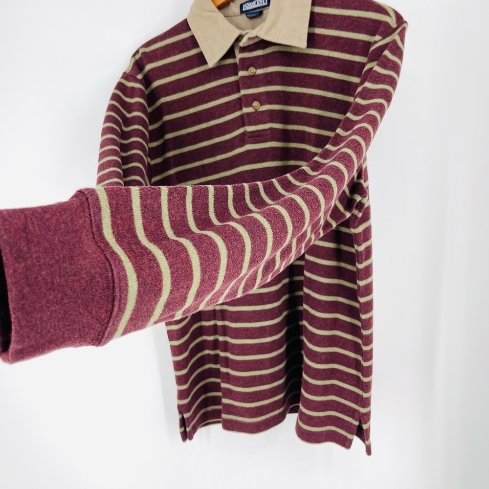 😎Vtg 90s Khaki Green Burgundy Striped Rugby Shirt Thick Cotton Grunge Lands End - Picture 6 of 15